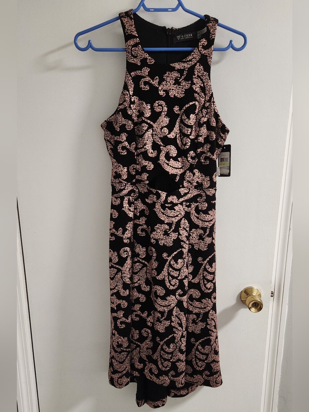 Guess Black Dress with Rose Gold Scroll Pattern And Midriff Cutout, Size 4